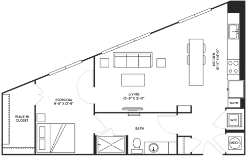 Floor plan for 1 bed, 1 bath, 828 sqft
